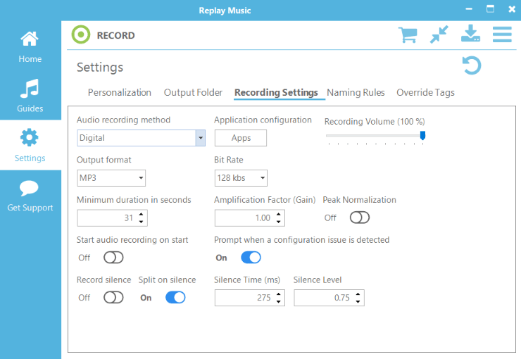 Recording Settings screen