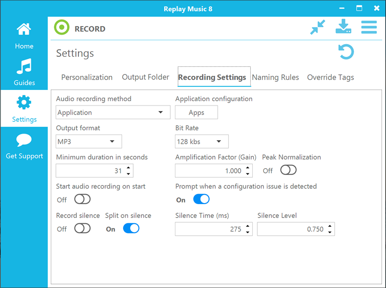 Recording Settings screen